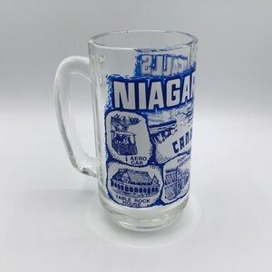 VINTAGE Niagara Falls Glass Mug Handle Blue White Souvenir Cup Canada 12 oz